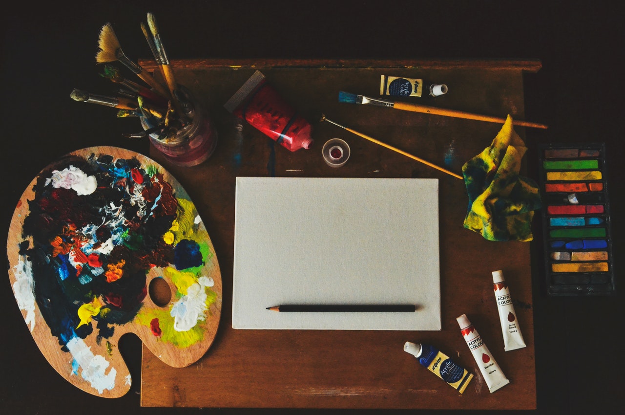 Assorted painting materials and equipment for art