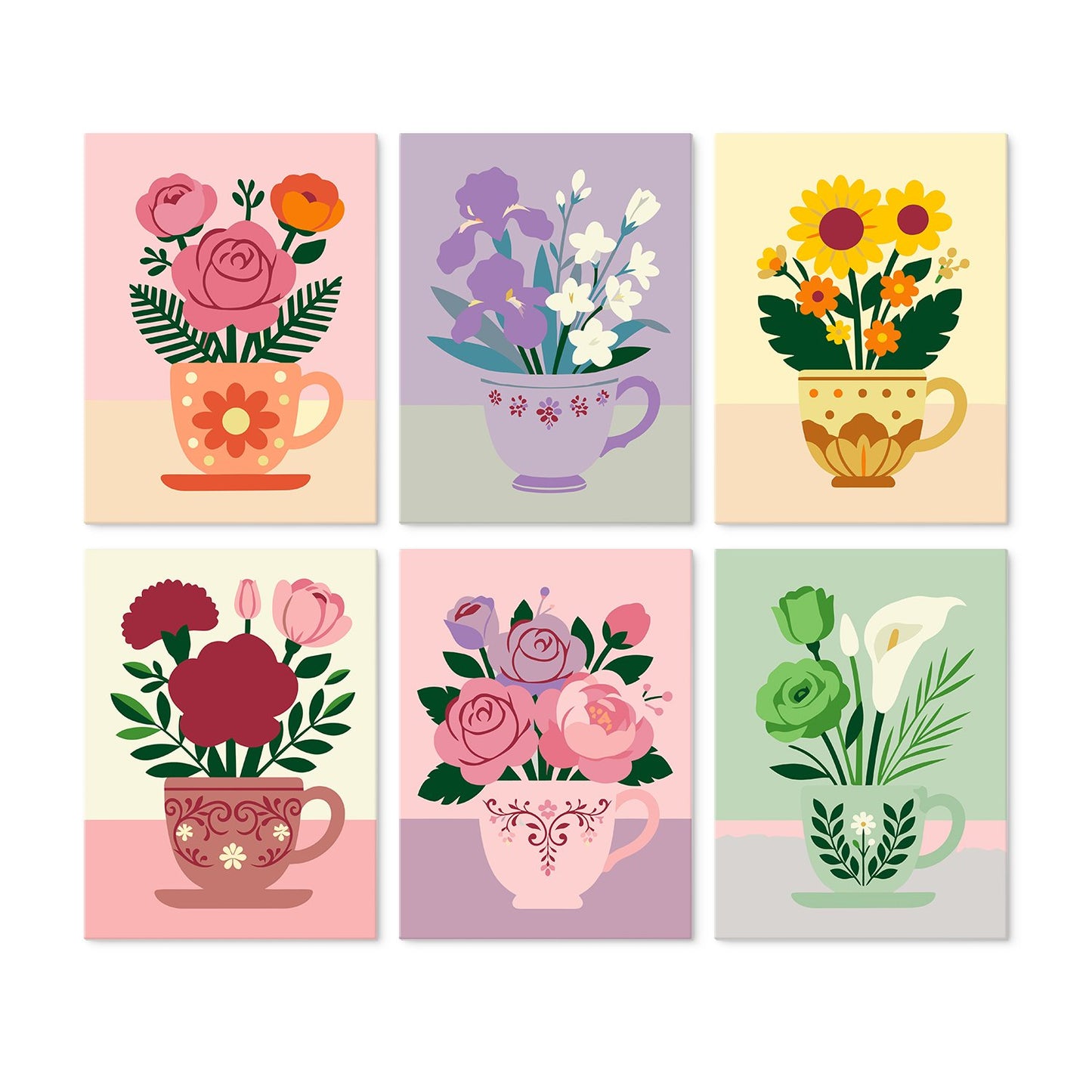 Blooming Teacups – Set of 6 Mini Paintings