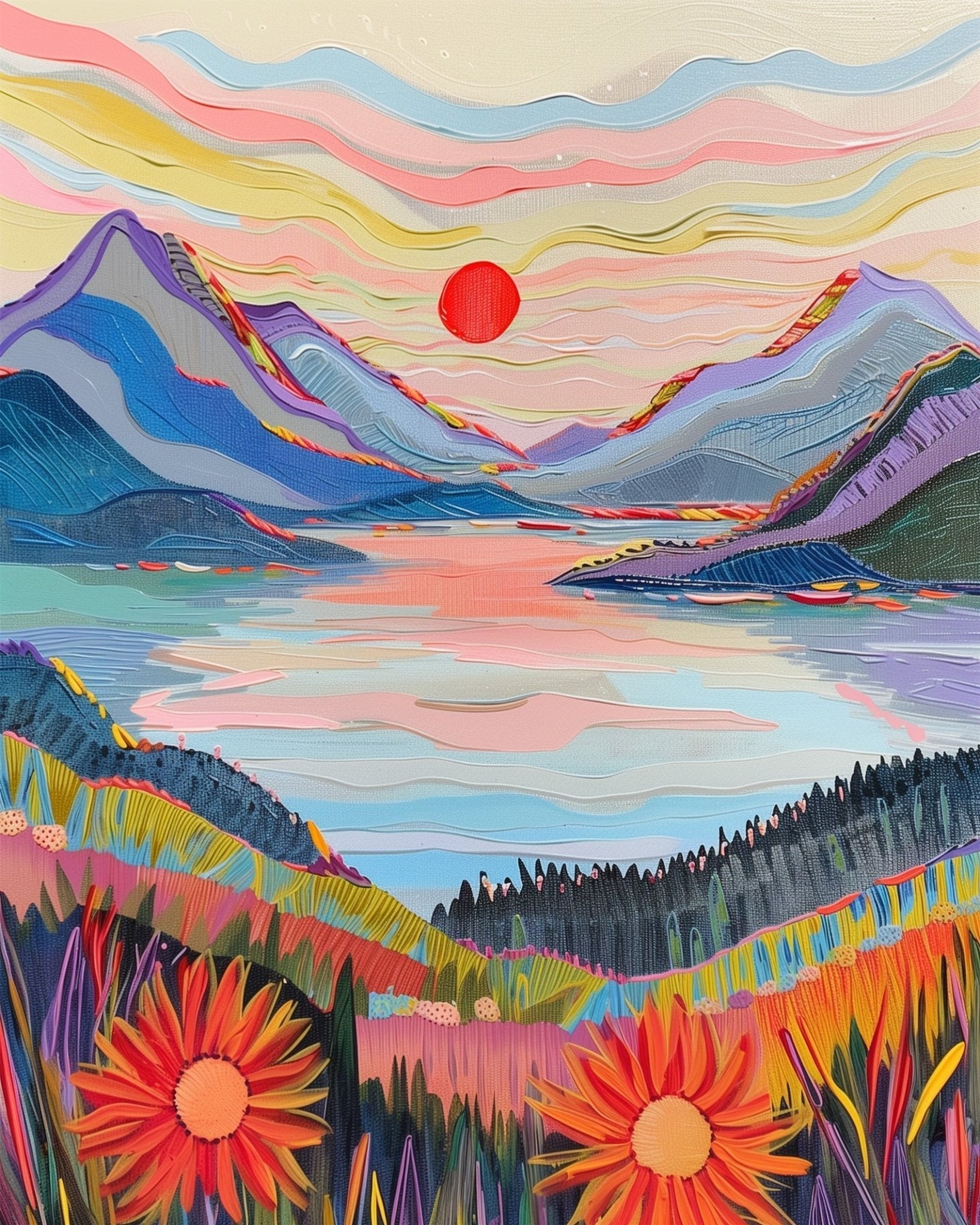 Abstract Vibrant Sunset Over Mountain Lake - miicreative