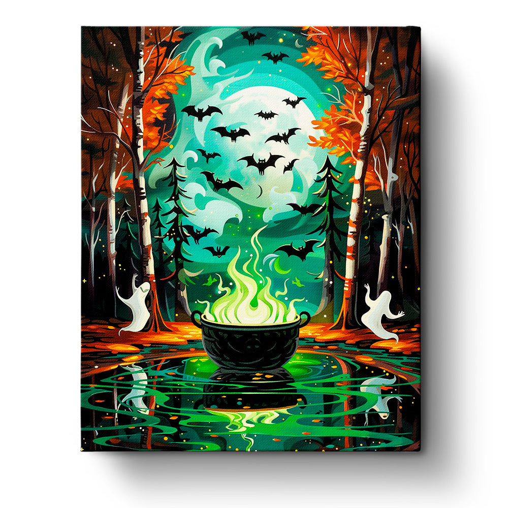 Vibrant Enchanted Forest Cauldron paint by numbers kit by miicreative, featuring a glowing cauldron in a mystical forest with bats and autumn leaves, enhancing creativity and mindfulness.