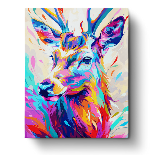 A vibrant and abstract depiction of a deer in colorful hues showcasing the Colorful Deer Portrait - Abstract Animals by miicreative. This paint by numbers kit emphasizes mindfulness and creativity with its vivid palette.