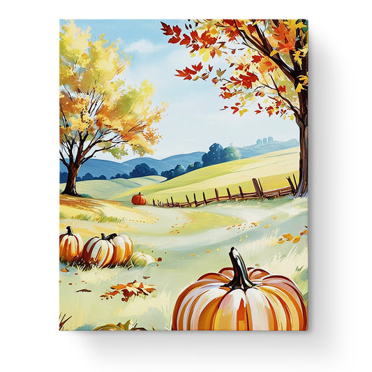 Autumn Pumpkin Patch - Kids paint by numbers kit by miicreative. Features a colorful autumn landscape with pumpkins and vibrant trees, enhancing relaxation and creativity.