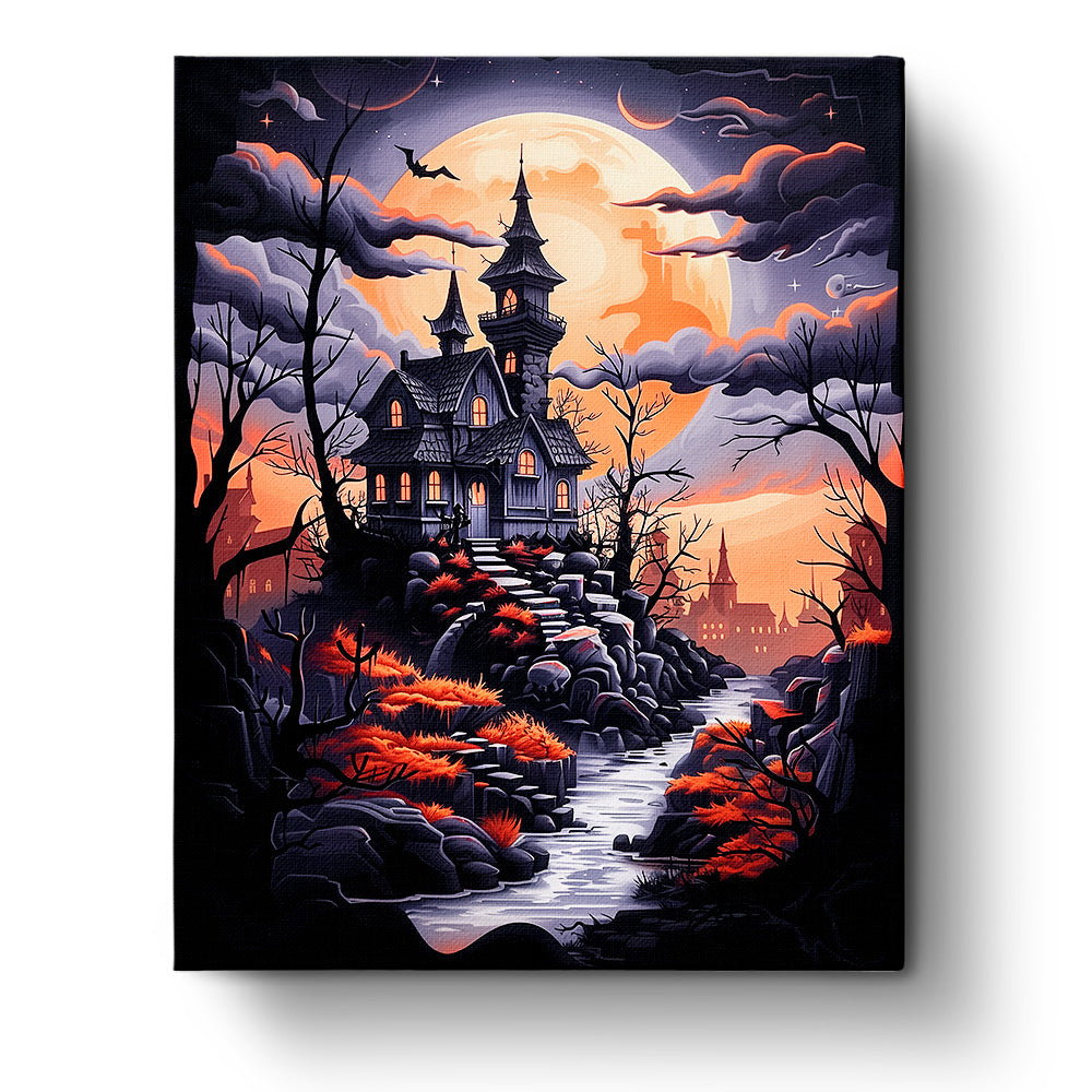 Paint by numbers fixed kit titled 'Haunted House Escape - Halloween' by miicreative. Features a spooky haunted house under a full moon with vivid orange, black, and gray hues. Emphasizes mindfulness and creativity.
