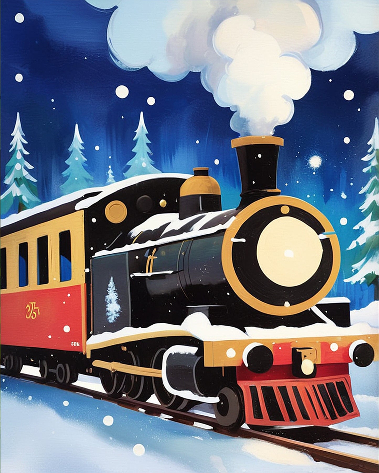 An enchanting steam train in snow by miicreative captures creativity for kids. This paint by numbers fixed kit offers a meditative experience in a winter wonderland.