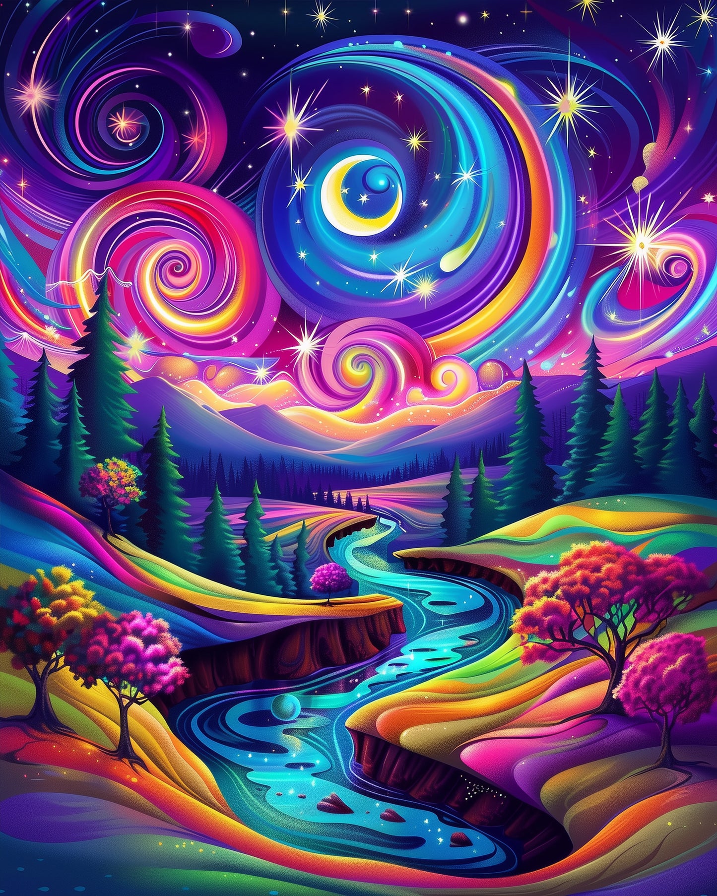 Vibrant cosmic landscape featuring swirling galaxies and a tranquil river in 'Cosmic River Tranquility - Meditation' by miicreative. Emphasizes vivid colors and a serene, meditative atmosphere, perfect for mindfulness and creative expression.