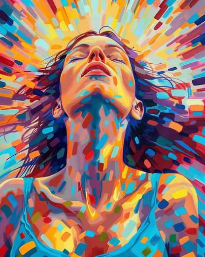 Image of a vibrant Radiant Soul Expression painting by miicreative, featuring a colorful depiction of a woman's face surrounded by dynamic brush strokes. This paint-by-numbers kit encourages mindfulness and creativity.