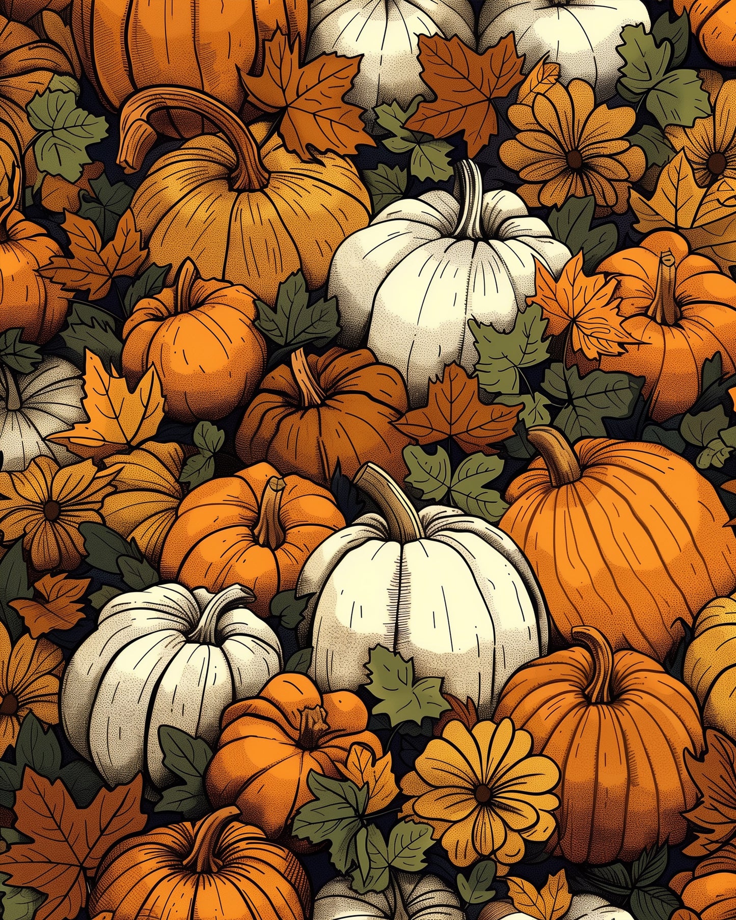 A vibrant array of orange and white pumpkins surrounded by autumn leaves and flowers, illustrating the Autumn Pumpkins Bliss - Halloween paint by numbers kit by miicreative. Highlights the relaxing and creative nature of the activity.