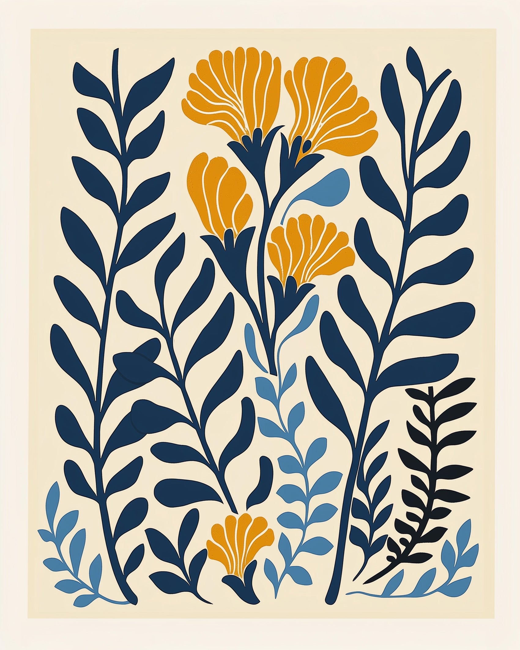 miicreative’s Floral Simplicity Minimalistic kit. Navy and gold flowers create a calming scene, ideal for stress relief. Engage your creativity.
