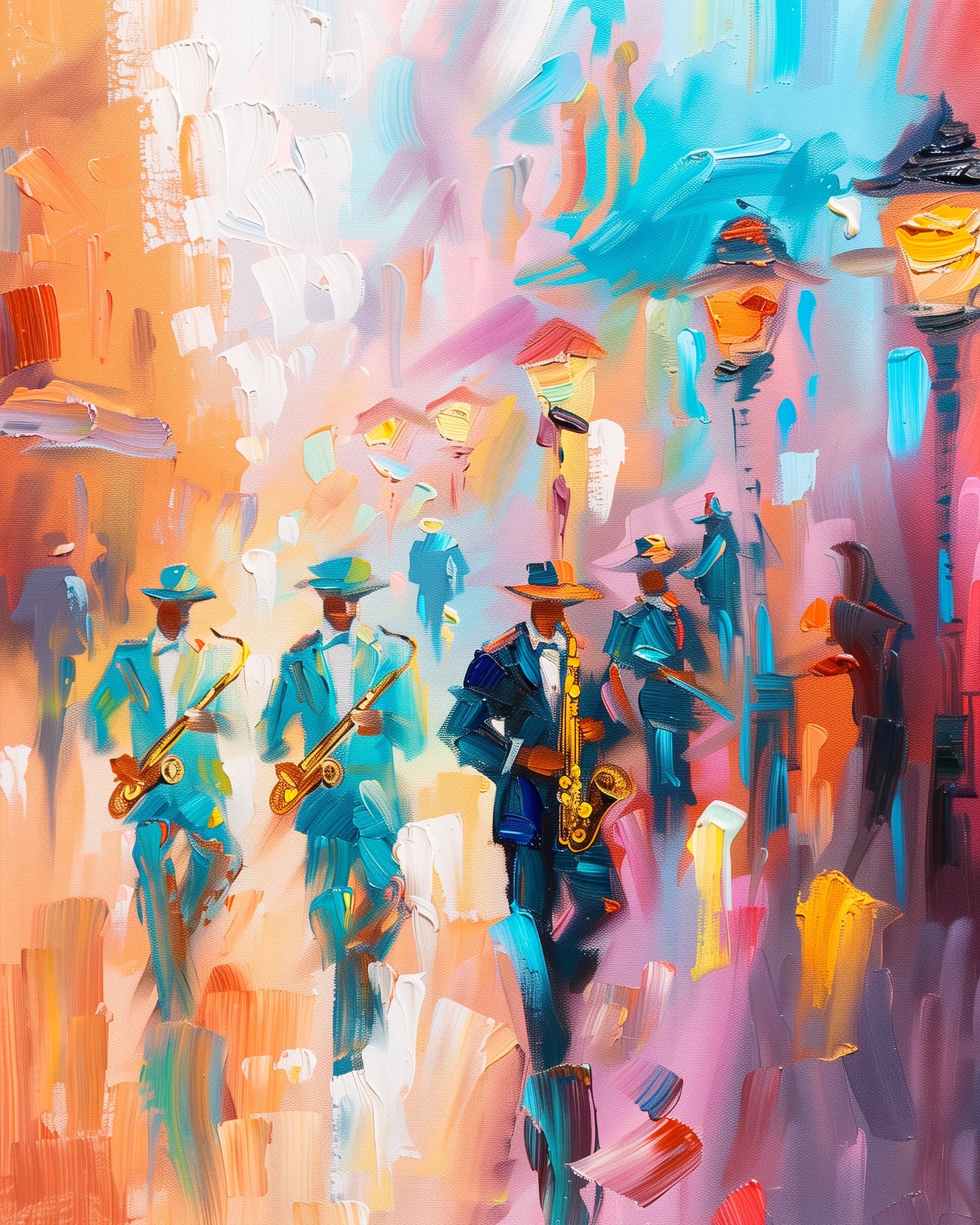 A vibrant paint by numbers scene titled Jazz Street Serenade, featuring jazz musicians in colorful suits playing saxophones in a lively street setting. Presented by miicreative, emphasizing creativity and mindfulness.