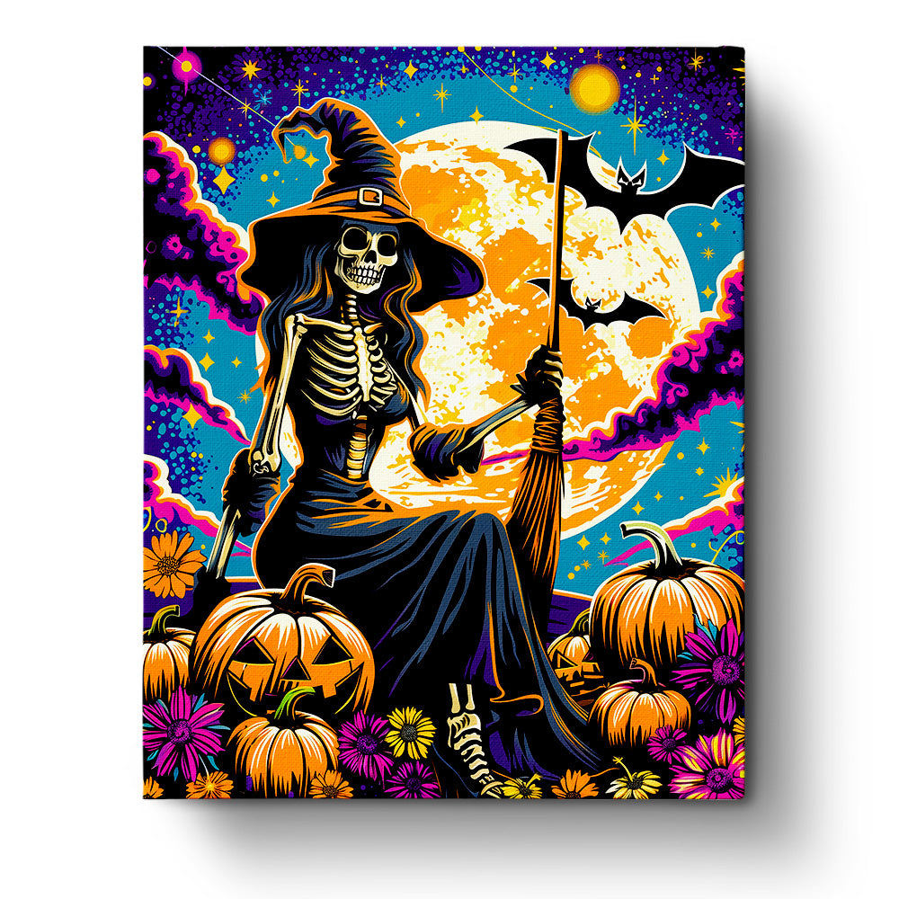 Colorful illustration of a skeletal witch by miicreative, featuring vibrant pumpkins, flowers, and a bright moon. Ideal for mindfulness and creativity in the Skeletal Witch Enchantment kit.