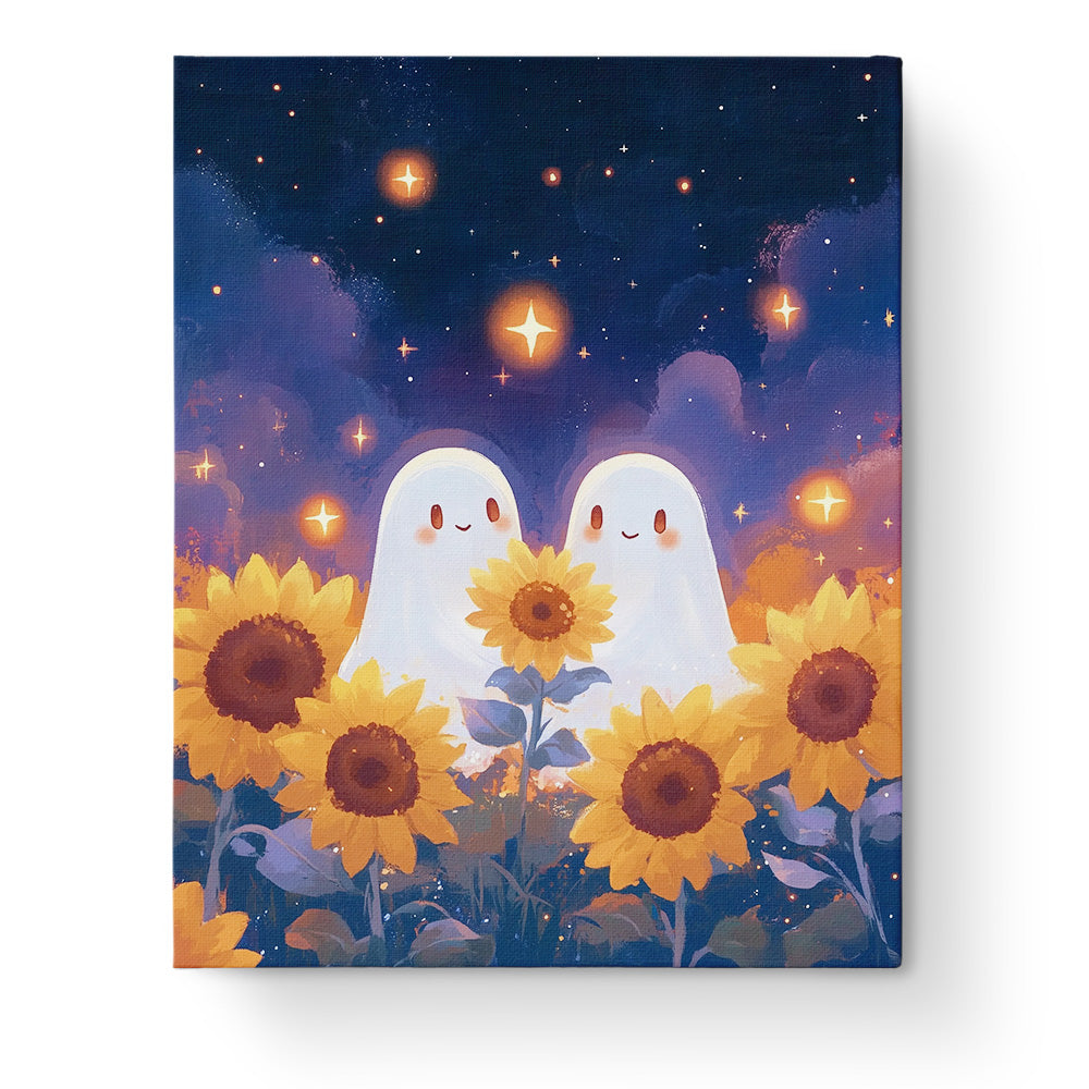 Painting of two cheerful ghosts among bright sunflowers under a sparkling night sky by miicreative. Embrace creativity and mindfulness with this Halloween paint by numbers fixed kit.