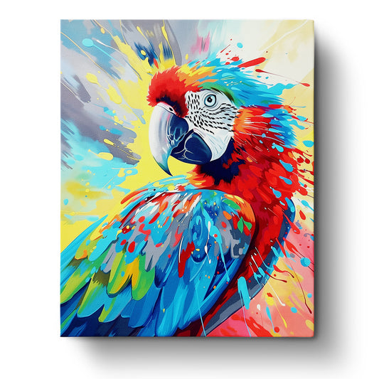 A vibrant parrot in abstract style with bold splashes of red, blue, yellow, and green. Paint by numbers kit by miicreative encourages mindfulness and creativity.