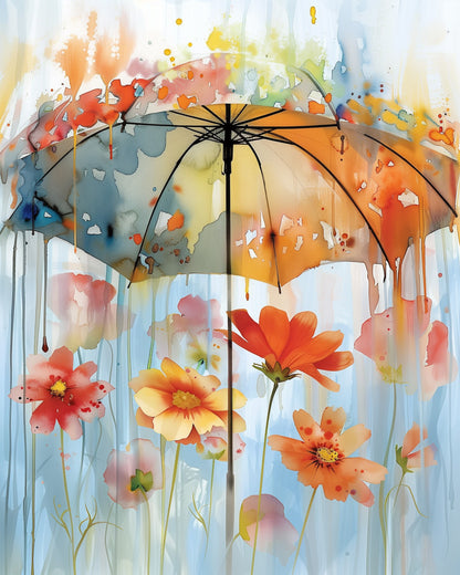 A vibrant paint by numbers kit titled Umbrella Blossoms - Bohemian Vibes by miicreative. Features colorful flowers under a translucent umbrella, embodying creativity and mindfulness.