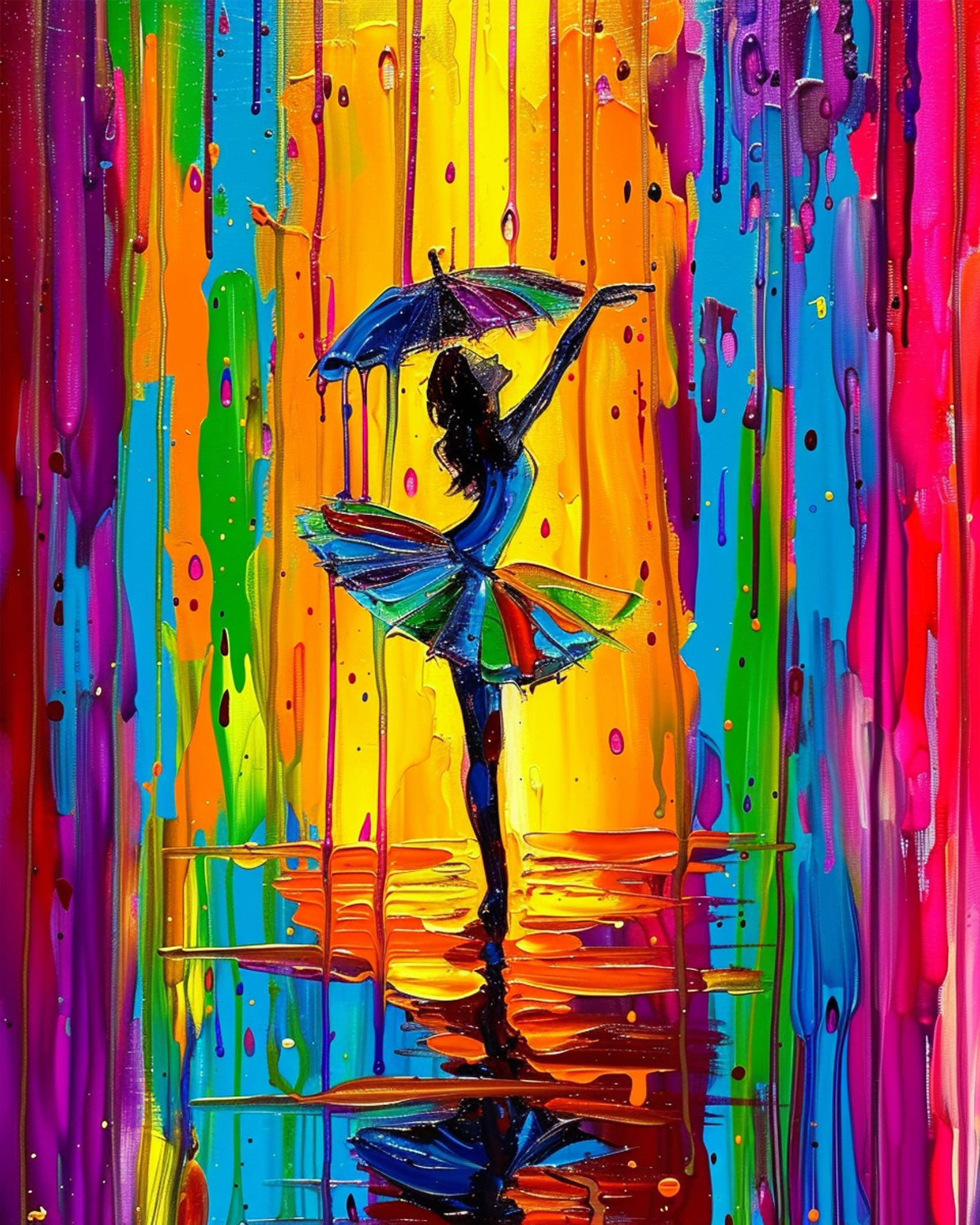 Vibrant painting of a dancer under an umbrella with rainbow hues, titled 'Rainbow Dancer - Meditation' by miicreative. The image focuses on colorful drips and silhouettes, capturing mindfulness and creativity.