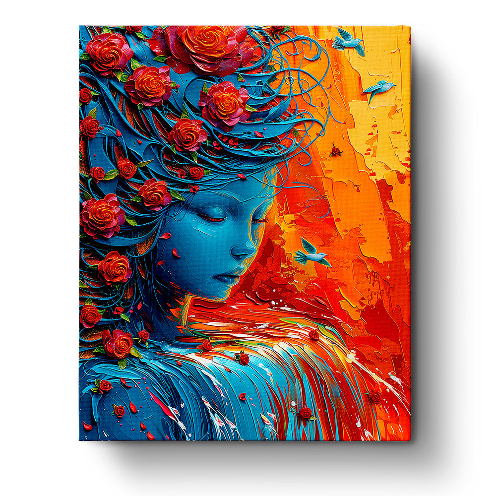 miicreative's Soulful Serenity - Meditation kit shows a tranquil blue figure surrounded by vibrant roses against a warm background. This paint by numbers kit inspires creativity and mindfulness.