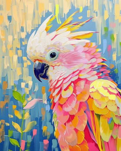 A vibrant parrot bursting with colorful feathers on a textured background, embodying the Vibrant Parrot - Abstract Animals by miicreative. Perfectly designed for mindfulness and creativity.