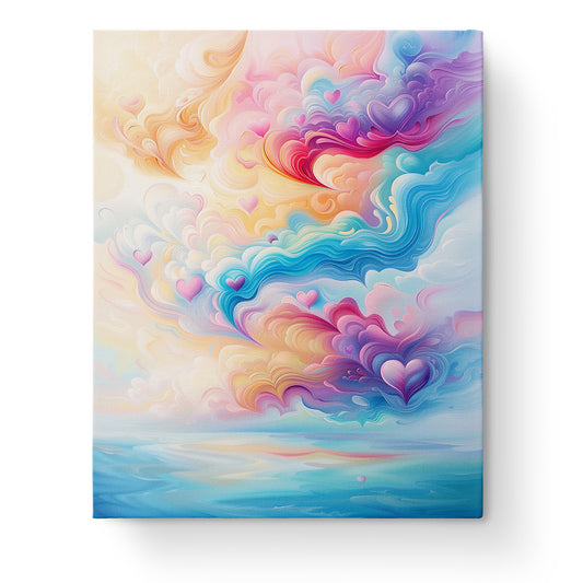 A vibrant, colorful sky filled with swirling hearts in shades of pink, blue, and orange, representing 'Hearts in the Sky - Meditation' by miicreative. Emphasizes mindfulness and creative expression through detailed paint by numbers design.