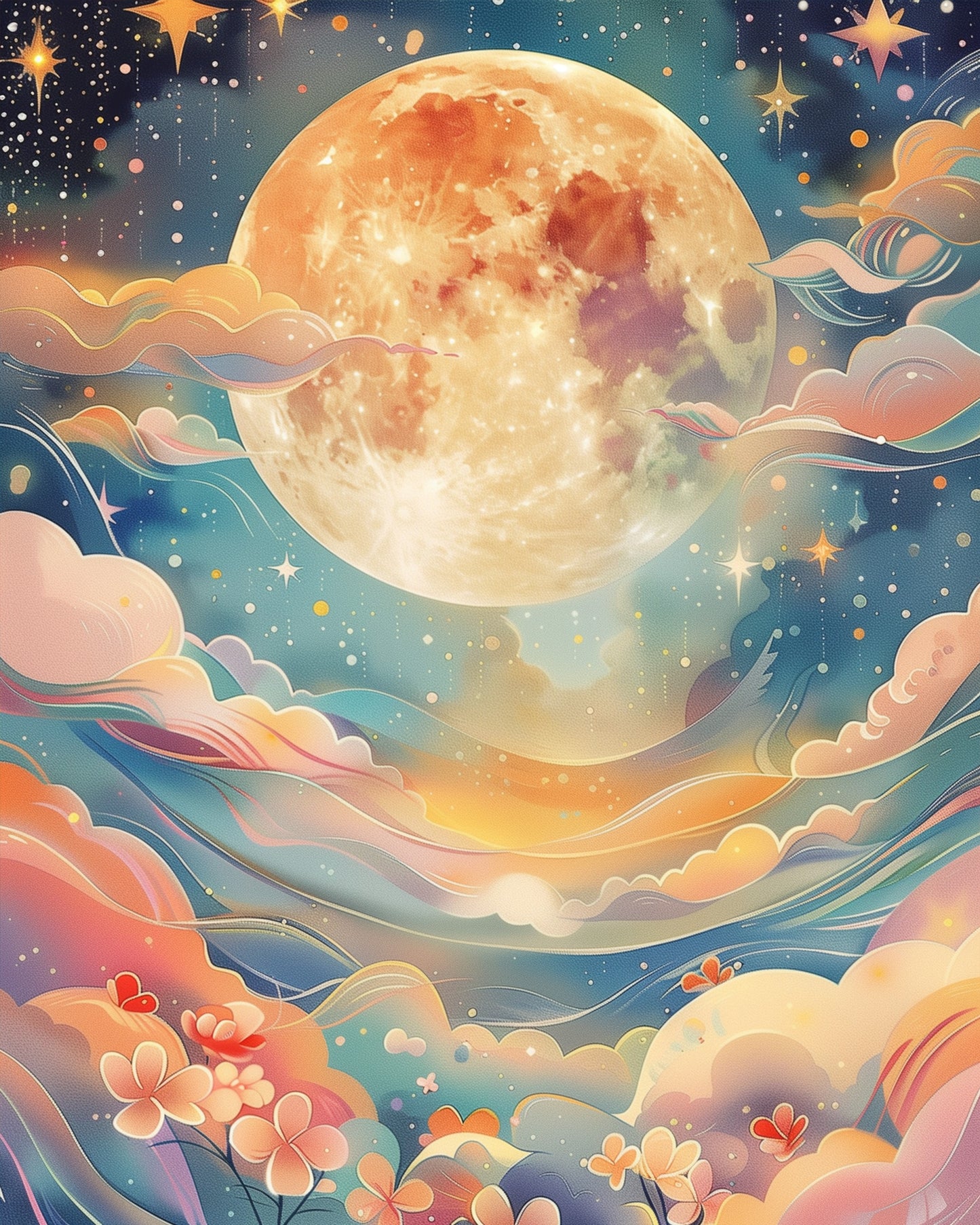 A whimsical celestial dreamscape featuring a glowing moon surrounded by colorful clouds and stars, part of the Celestial Dreamscape - Bohemian Vibes collection by miicreative. Ideal for stress relief and fostering mindfulness and creativity.