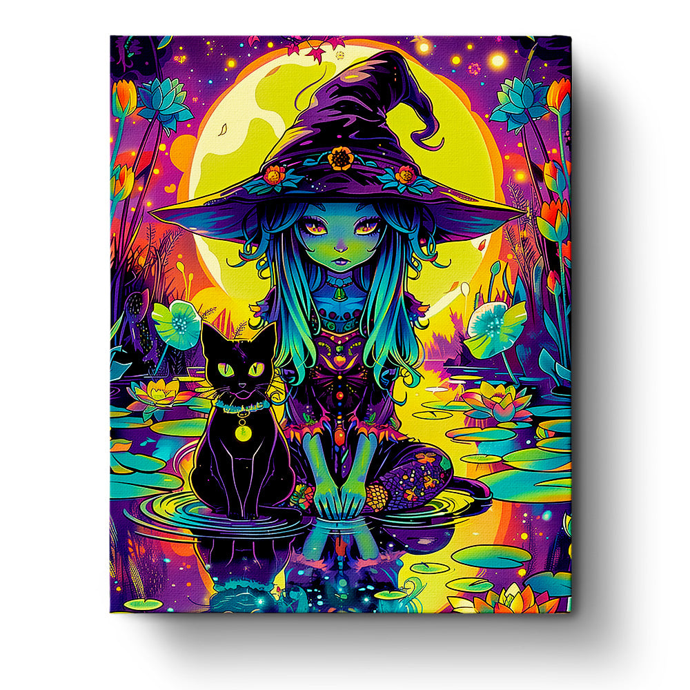 Vibrant Halloween witch with a black cat under a full moon - Witch and Cat Under Moon by miicreative. Bright colors and mystical scenery evoke creativity and mindfulness.
