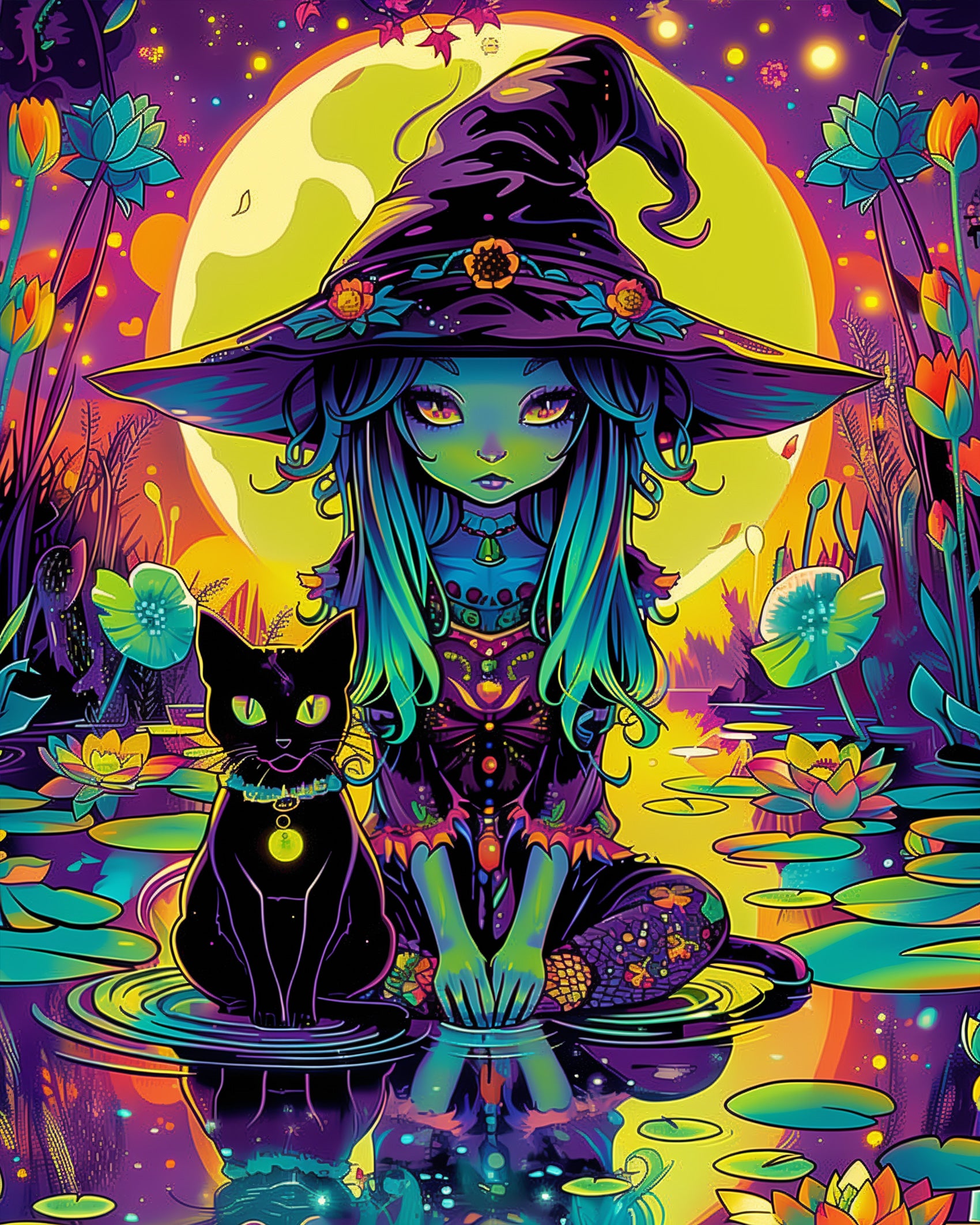 Vibrant Halloween witch with a black cat under a full moon - Witch and Cat Under Moon by miicreative. Bright colors and mystical scenery evoke creativity and mindfulness.