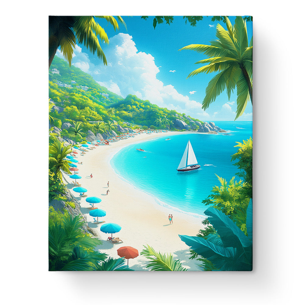 Peaceful Beach Escape by miicreative. Serene sea landscape with a soothing blue ocean, lush green hills, and a sailboat. Ideal for mindfulness and stress relief.