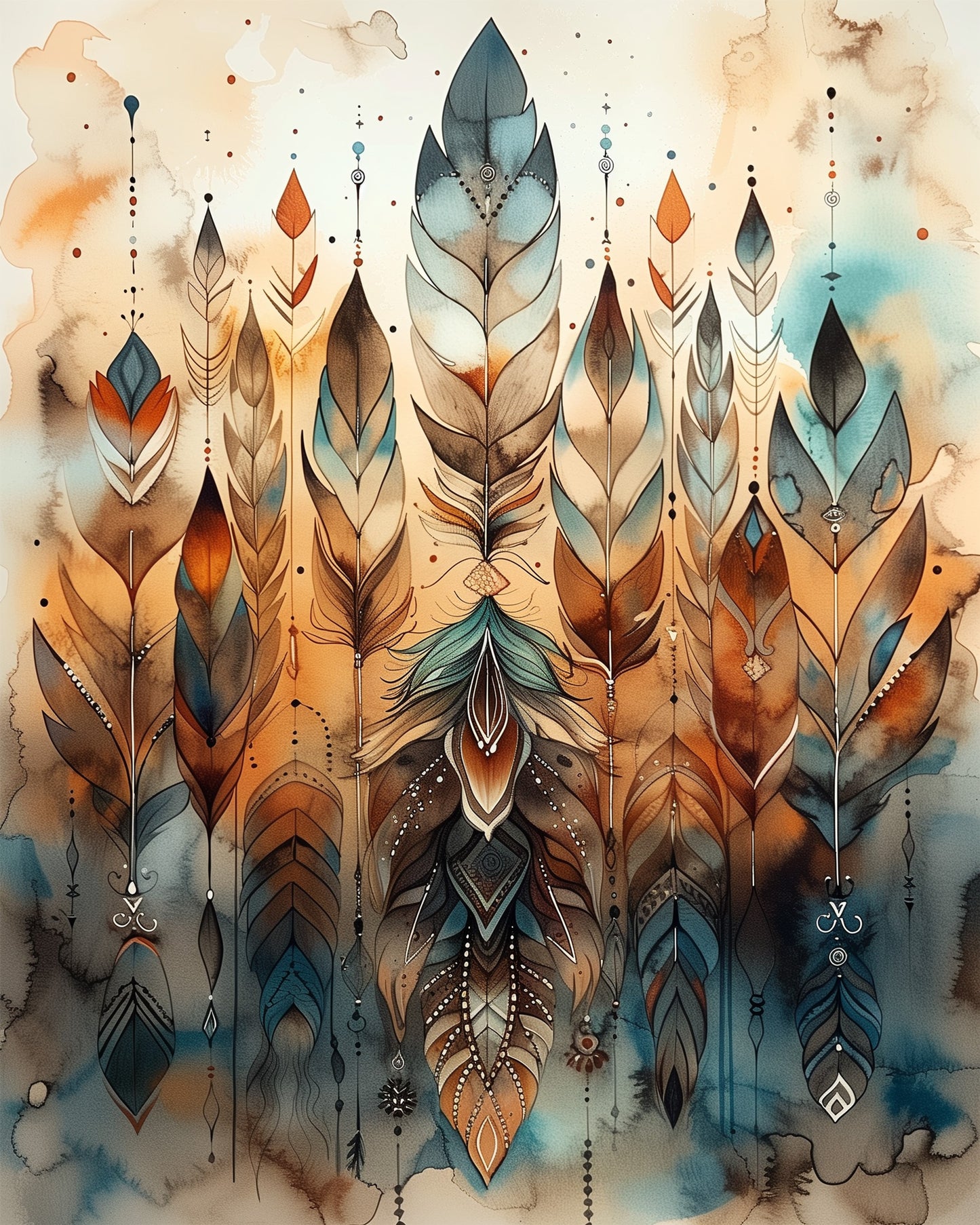 Ethereal Feathers paint by numbers fixed kits from miicreative. Features intricate feather designs in warm earth tones and teal, promoting mindfulness and creativity.