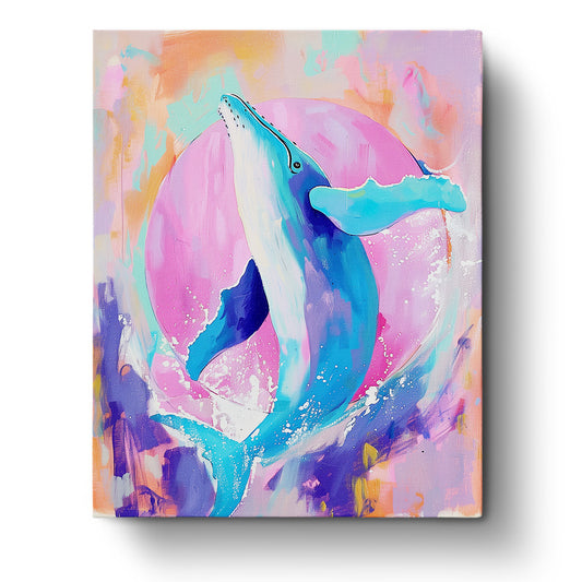 Vibrant abstract painting of a blue whale with swirling colors, featuring the product title 'Majestic Blue Whale - Abstract Animals' and brand name 'miicreative'. The kit encourages mindfulness and creativity with its soothing blue and pink tones.