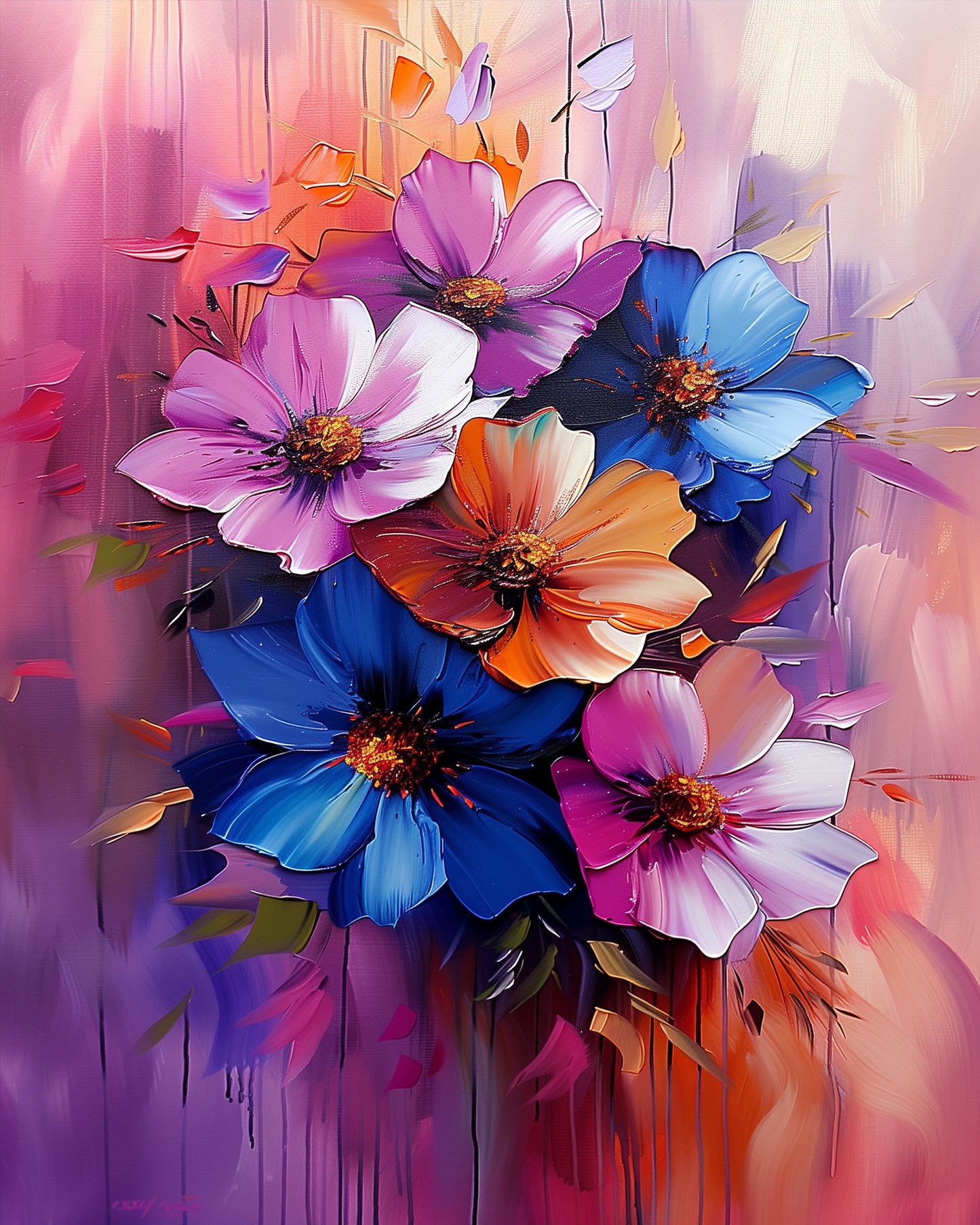 A colorful image of vibrant flowers in hues of pink, blue, and orange, showcasing the Vibrant Floral Harmony - Meditation kit by miicreative. Emphasizes creativity and mindfulness through this artistic paint by numbers kit.