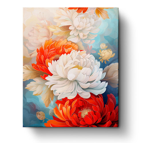 Chrysanthemum Harmony - Bohemian Vibes paint by numbers kit by miicreative. Features vibrant red and white chrysanthemums with detailed petals, bringing a sense of calm and creativity.