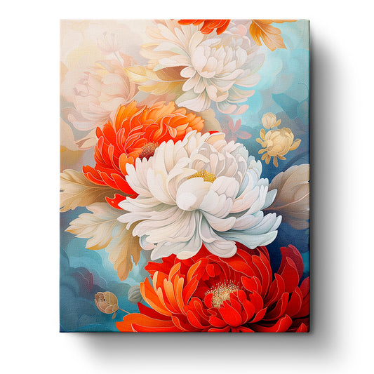 Chrysanthemum Harmony - Bohemian Vibes paint by numbers kit by miicreative. Features vibrant red and white chrysanthemums with detailed petals, bringing a sense of calm and creativity.