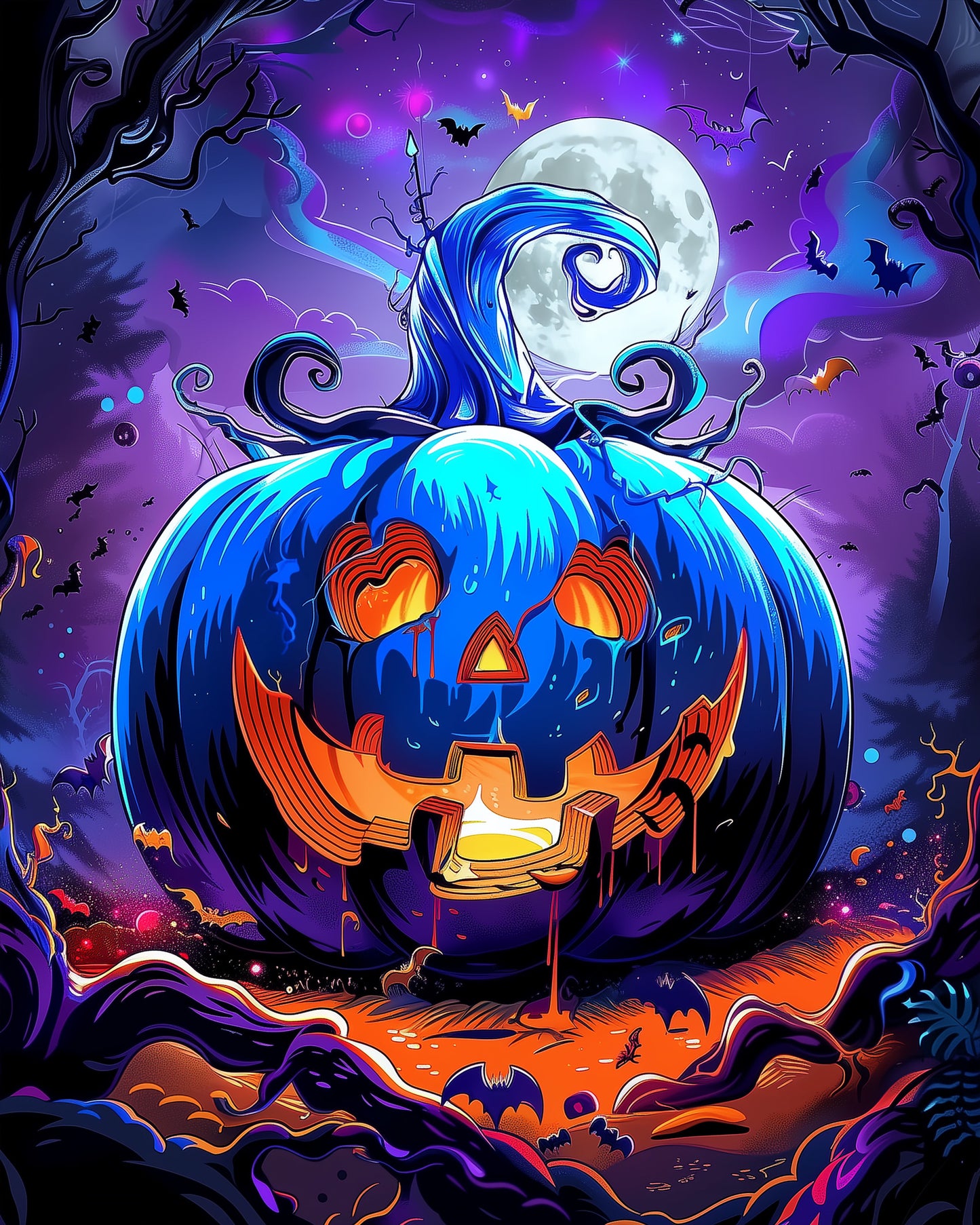 Colorful illustration of a glowing blue pumpkin under a full moon, surrounded by bats and twisted branches. Mystical Moonlit Pumpkin - Halloween by miicreative, featuring a vibrant palette to enhance mindfulness and creativity.