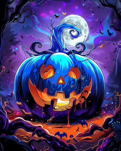 Colorful illustration of a glowing blue pumpkin under a full moon, surrounded by bats and twisted branches. Mystical Moonlit Pumpkin - Halloween by miicreative, featuring a vibrant palette to enhance mindfulness and creativity.