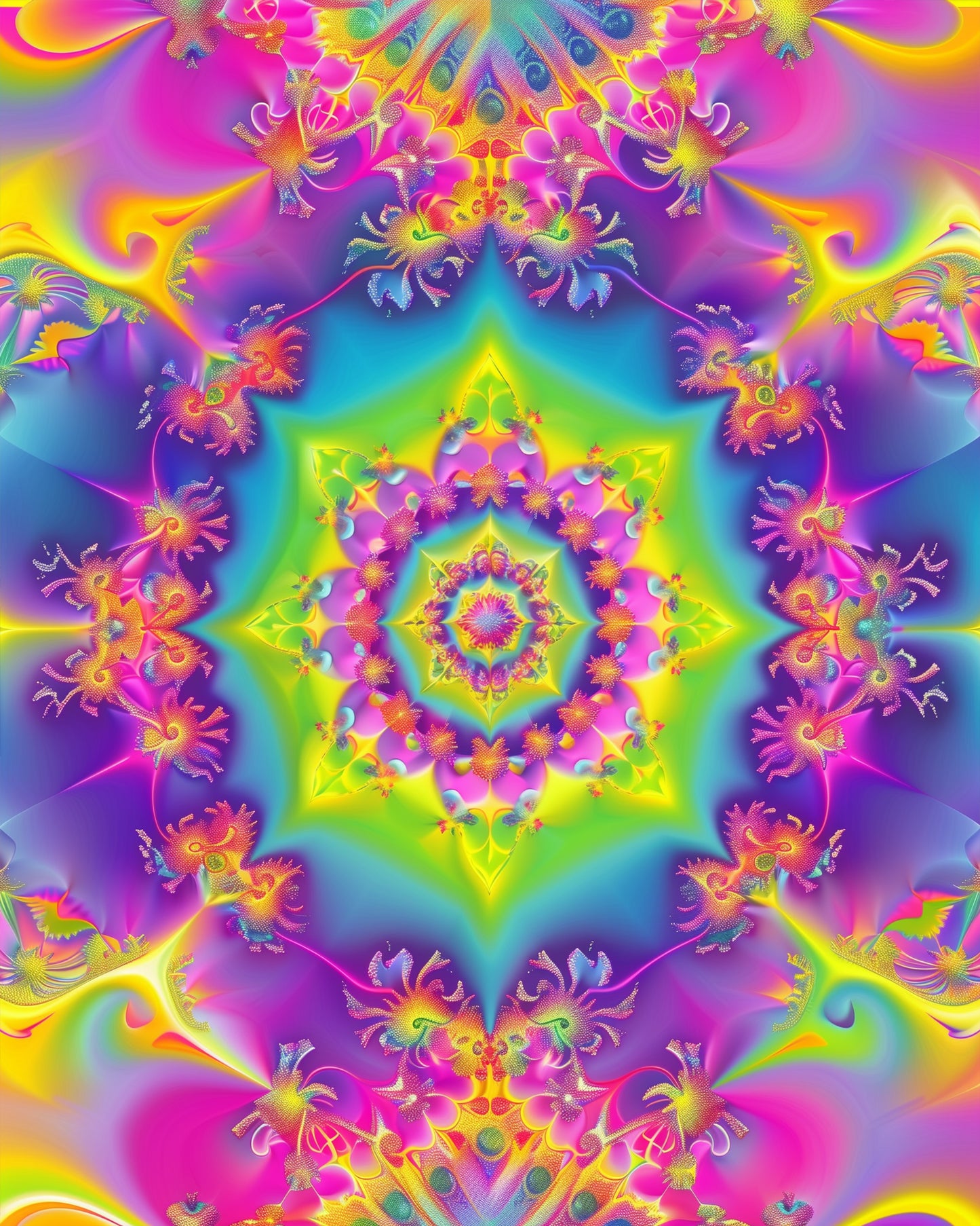 Colorful and intricate vibrant mandala design from miicreative, showcasing a swirling pattern of neon hues. Perfect for mindfulness and creativity in the 'Vibrant Mandala - Meditation' kit.