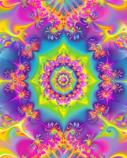 Colorful and intricate vibrant mandala design from miicreative, showcasing a swirling pattern of neon hues. Perfect for mindfulness and creativity in the 'Vibrant Mandala - Meditation' kit.