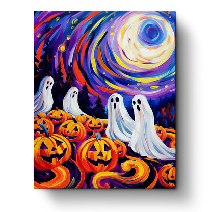 A vibrant paint by numbers kit titled Ghostly Night Sky featuring swirling purples and oranges with spooky ghosts and glowing jack-o'-lanterns against a night sky. A miicreative product that enhances mindfulness and creativity.