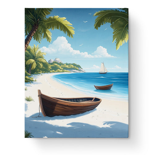 Tranquil Beach Escape by miicreative, featuring a serene seaside landscape with boats, palm trees, and a calming ocean. Perfect for mindfulness and focus.