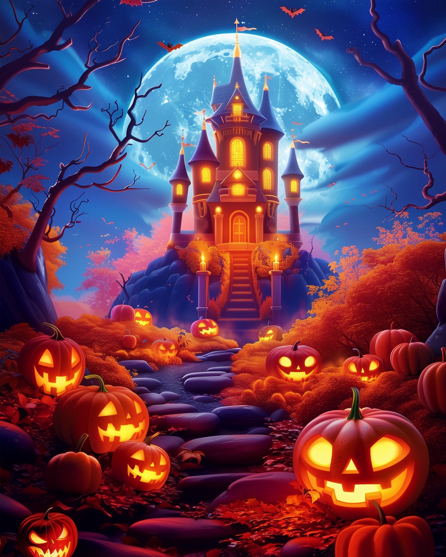 Haunted Pumpkin Path paint-by-numbers kit by miicreative featuring a spooky moonlit castle surrounded by glowing jack-o'-lanterns, capturing the essence of Halloween and creativity.