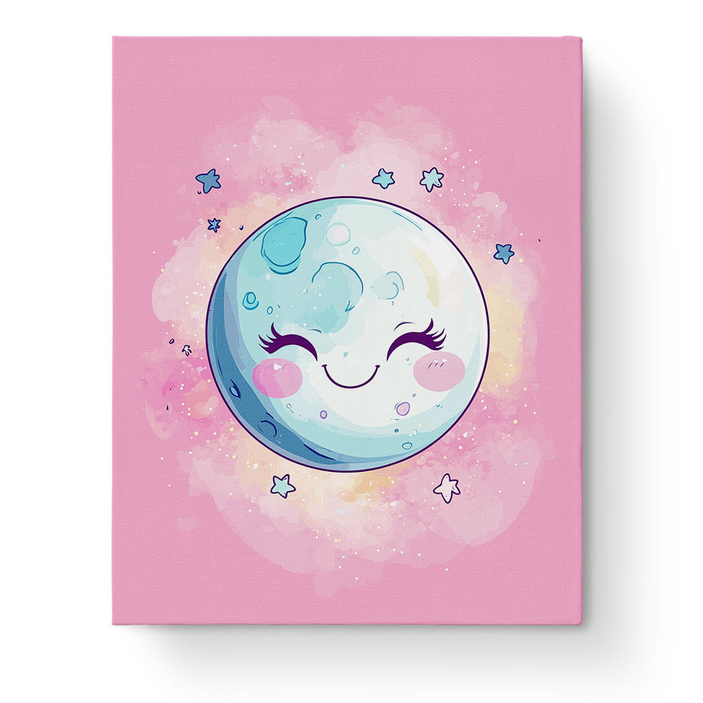Smiling Moon painting by miicreative, featuring a joyful celestial theme with a focus on mindfulness and relaxation.