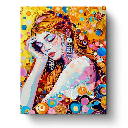 An artistic paint by numbers kit titled Dreamy Circles Portrait by miicreative, featuring a peaceful woman surrounded by colorful, circular patterns. Enhance your mindfulness and creativity with this vibrant Bohemian Vibes kit.