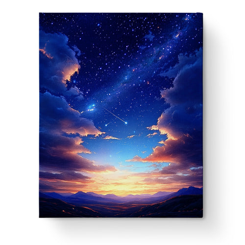 Celestial Twilight miicreative paint by numbers kit showing a galaxy-inspired sunset with shooting stars over mountains. Focus and mindfulness in every brushstroke.