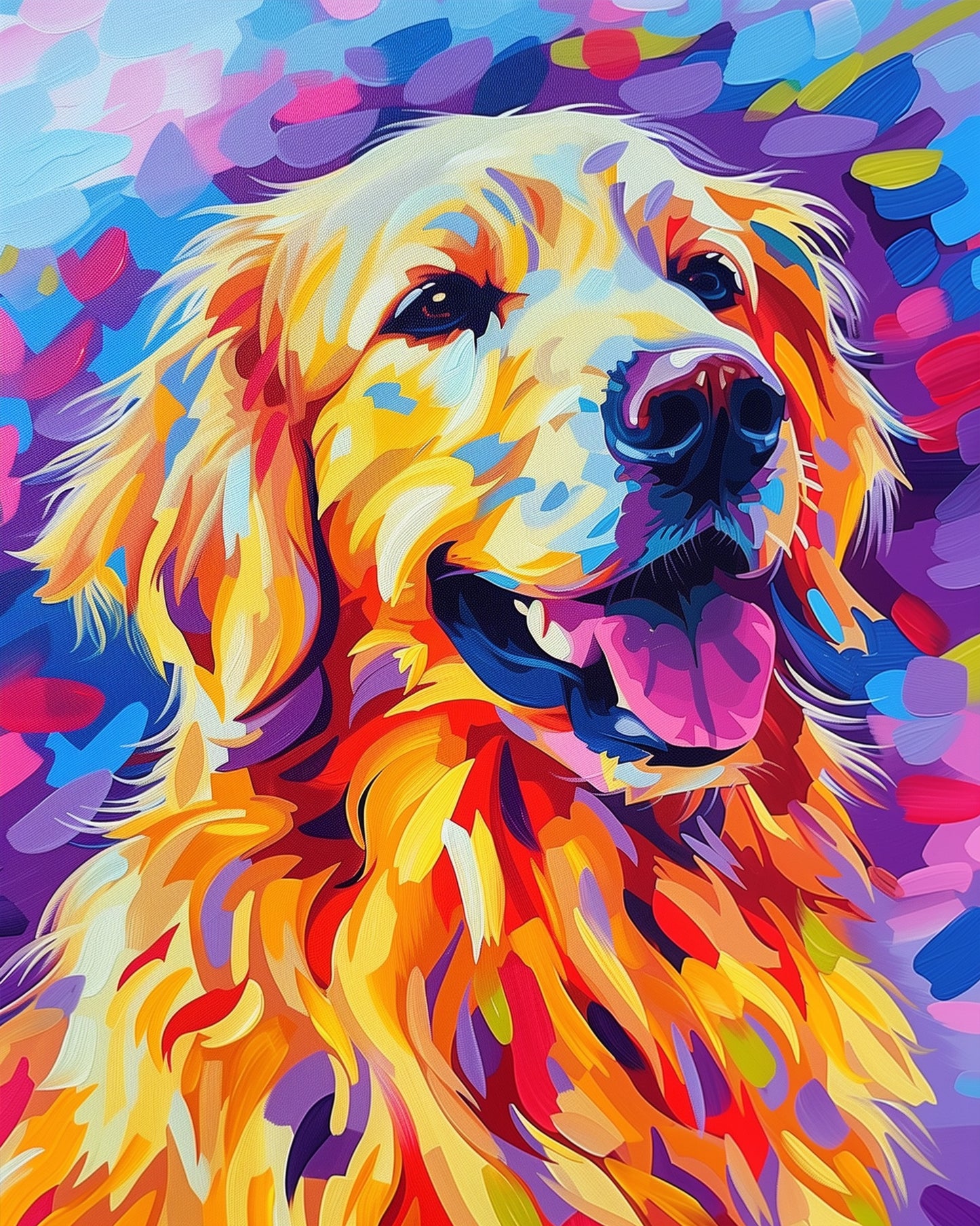 A vibrant abstract painting of a golden retriever with colorful hues of yellow, orange, and purple. miicreative's 'Radiant Golden Retriever - Abstract Animals' emphasizes mindfulness and creativity through engaging visual elements.