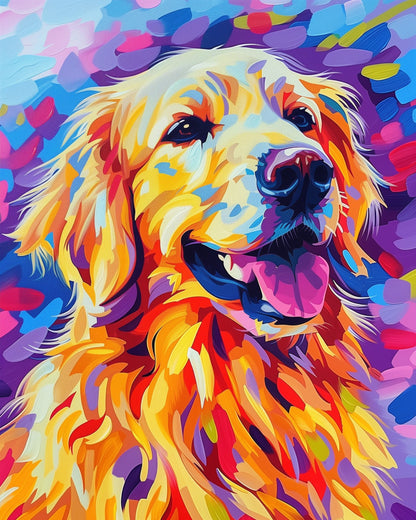 A vibrant abstract painting of a golden retriever with colorful hues of yellow, orange, and purple. miicreative's 'Radiant Golden Retriever - Abstract Animals' emphasizes mindfulness and creativity through engaging visual elements.