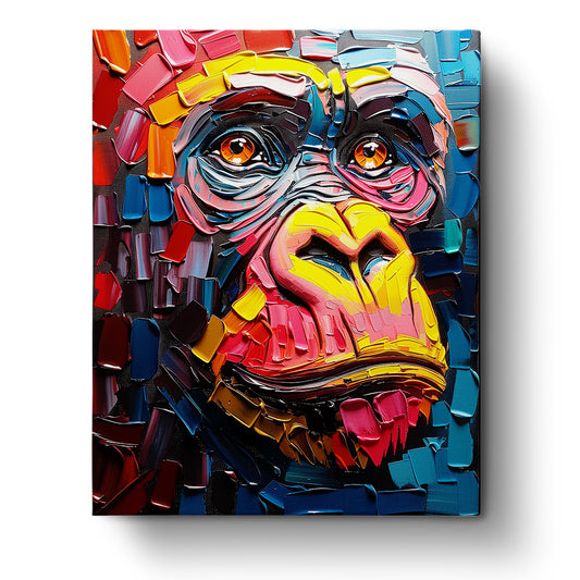 Bold, colorful abstract depiction of a primate face by miicreative. Features striking colors like red, yellow, and blue, enhancing creativity and mindfulness through paint by numbers.