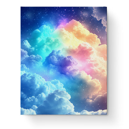 Rainbow Dream Clouds Painting Kit by miicreative. Experience the calming effect of painting vivid clouds amidst a starry night. Perfect for mindfulness.