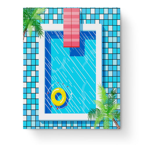 Sunny Poolside Scene - Minimalistic by miicreative. The image shows a vibrant swimming pool with a yellow float and palm trees, emphasizing relaxation and mindfulness through color and simplicity.