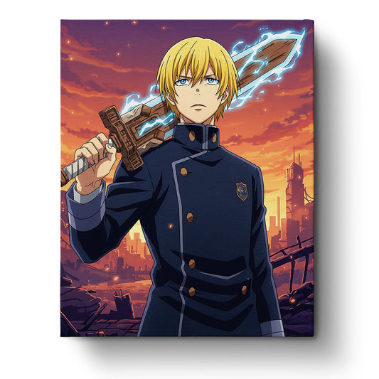 miicreative's vibrant anime-inspired scene featuring a determined character against a striking twilight cityscape. Ideal for focus and relaxation.