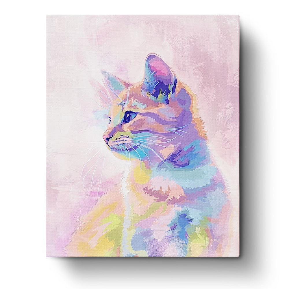 Vibrant abstract cat portrait with pastel hues in the Colorful Cat Portrait - Abstract Animals paint by numbers kit by miicreative, highlighting mindfulness and creativity.