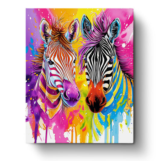 A colorful image of two zebras with vivid, swirling stripes in an abstract style. The title 'Vibrant Zebra Duo - Abstract Animals' is part of the miicreative collection, emphasizing creativity and mindfulness.