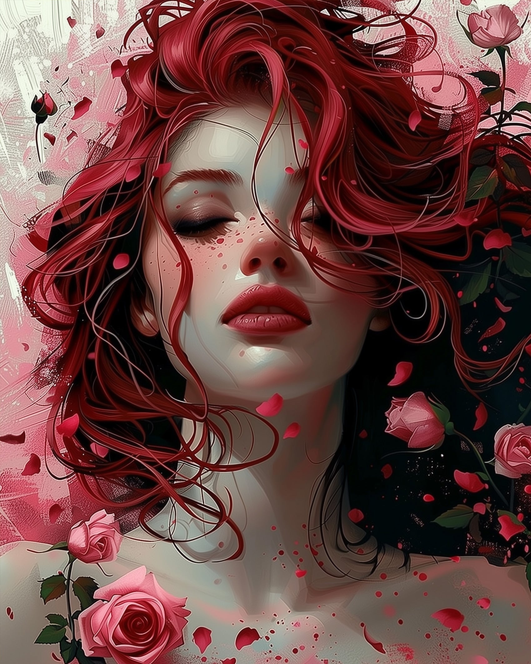 Relaxing crimson-themed Floral Women art kit by miicreative. A meditative paint by numbers kit highlighting beauty and serenity with vibrant flowers.