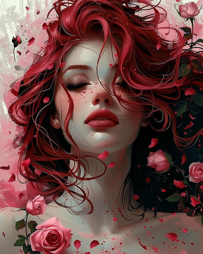 Relaxing crimson-themed Floral Women art kit by miicreative. A meditative paint by numbers kit highlighting beauty and serenity with vibrant flowers.